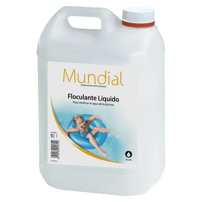 Mundial Floculante para piscina Líquido - 10 l - Botella blanca de 10 litros de "Mundial Floculante Líquido" para la limpieza de piscinas con ilustración infantil.