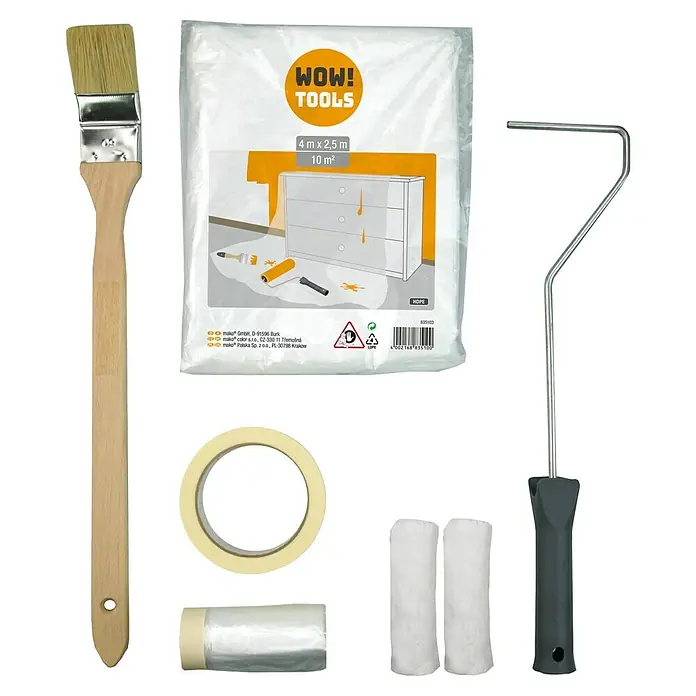 Mako Renovier-Set Wow! Plus - 7 -tlg. - Ein Set von Malwerkzeugen, darunter ein Pinsel, eine Abdeckplane, Malerkrepp, zwei Farbroller und ein Farbrollerbügel.