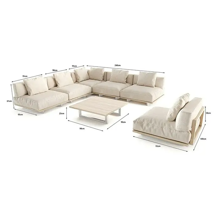 Sunfun Loungemöbel-Set Camelia - 7 -tlg., Aluminium, Polyester, Hellgrau/Holzoptik - Ansicht eines modularen Sofas mit Beistelltisch. Das Sofa und der Beistelltisch haben eine einfache, moderne Optik.