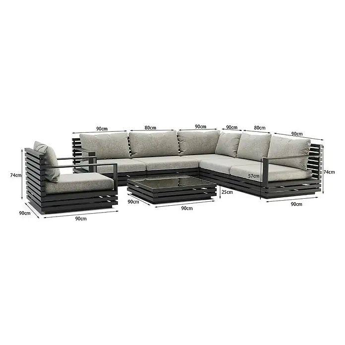 Sunfun Loungemöbel-Set Bea - 7 -tlg., Weiß/Hellgrau - Abbildung eines grauen Gartenmöbel-Sets mit Maßen, bestehend aus einem Sofa, einem Sessel und einem Couchtisch.