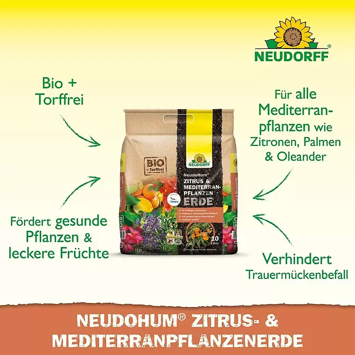 Neudorff NeudoHum Mediterranpflanzenerde - 10 l, Torffrei - Brauner Sack Neudohum® Zitrus- & Mediterranpflanzenerde. Bio, torffrei, für gesundes Wachstum & Schutz vor Trauermücken.