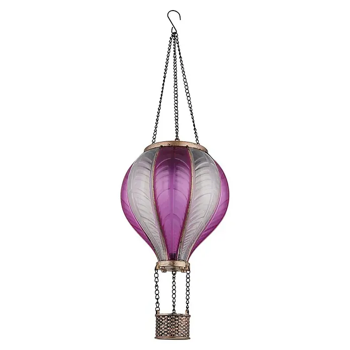 Globo Solar-Hängeleuchte Heißluftballon - Rosa, IP44, Ø x H: 14 x 46,5 cm - Dekorative Heißluftballon-Laterne mit lila und klaren Glaselementen, aufgehängt an einer Kordel, ideal für stimmungsvolle Beleuchtung.