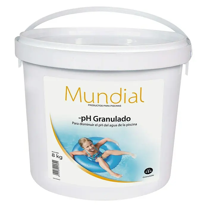 Mundial ph negativo granulado - 8 kg - Cubo blanco de "Mundial -pH Granulado", un producto para bajar los niveles de pH en piscinas, con un niño en la piscina en la etiqueta.