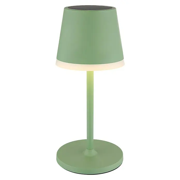 Globo Solar-Tischleuchte - Grün, Warmweiß, IP44, Ø x H: 11 x 41 cm - Nahaufnahme einer modernen, pastellgrünen Tischleuchte mit rundem Sockel, schlankem Stiel und konischem Lampenschirm, die ein warmes, einladendes Licht ausstrahlt.