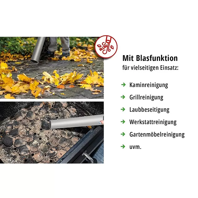 Valo Aschesauger Premium - 1.800 W, 20 l, Blasfunktion - Ein silbernes Blasrohr entfernt Herbstlaub vom Weg und facht Kohlen im Grill an. Zeigt vielseitige Blasfunktion.