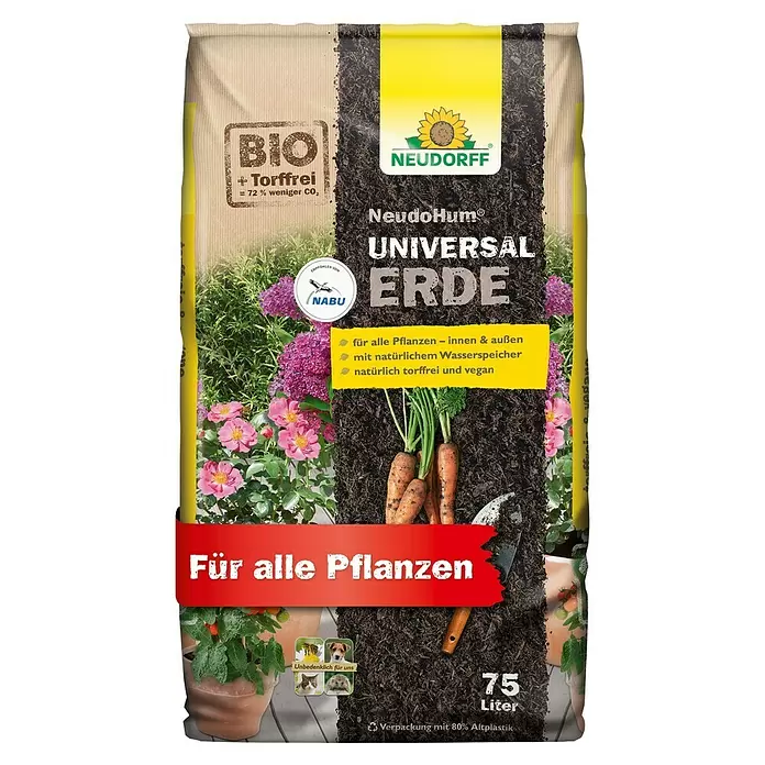 Neudorff NeudoHum Universalerde - Nettovolumen: 75 l, Torffrei - Neudorff Universal Erde 75L Sack, braun mit Erdgrafik und Pflanzenbildern. Torffrei und vegan für alle Pflanzen.