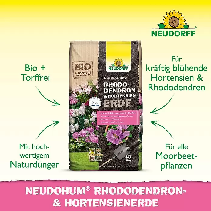 rhododendron mulchen Torffreie NeudoHum Rhododendron & Hortensien Erde – Für starke Blüten –  Neudorff Shop main image 0