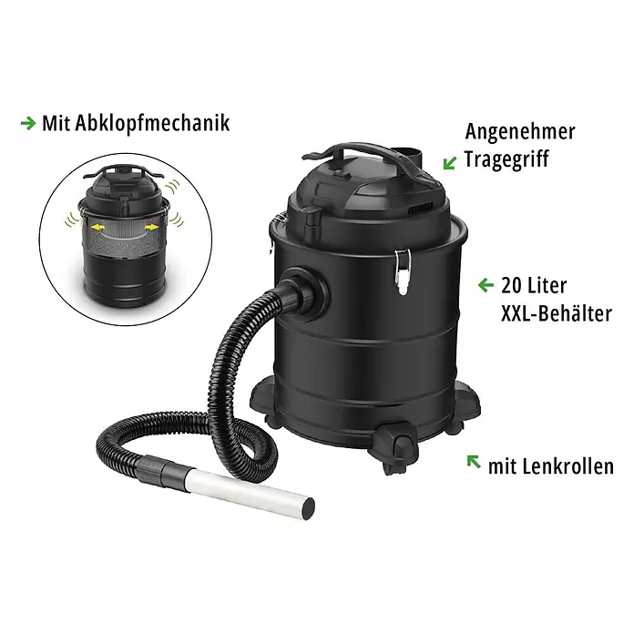 Valo Aschesauger Premium - 1.800 W, 20 l, Blasfunktion - Schwarzer Aschesauger mit Schlauch, Düse, Komfortgriff, 20L XXL-Behälter und Lenkrollen. Mit Abklopfmechanik zur Filterreinigung.