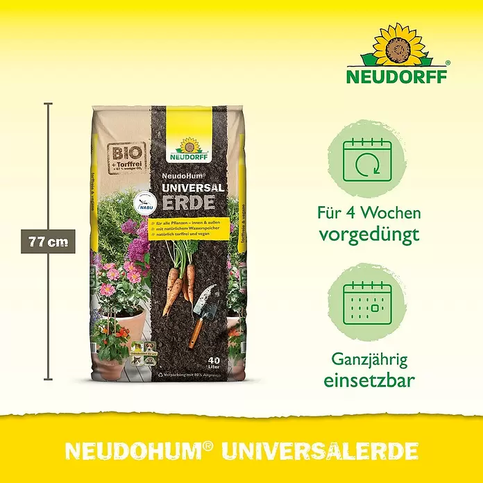 Neudorff NeudoHum Universalerde - Nettovolumen: 40 l, Torffrei - Neudorff NeudoHum Universalerde, 77 cm hoch, 40 L, torffrei & 4 Wochen vorgedüngt. Vielseitige Bio-Pflanzenerde.