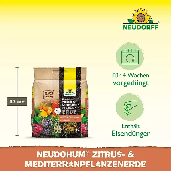 Neudorff NeudoHum Mediterranpflanzenerde - 10 l, Torffrei - Neudorff NeudoHum Bio torffreie 10L Zitrus- & Mittelmeerpflanzenerde, 4 Wochen vorgedüngt, mit Eisendünger.