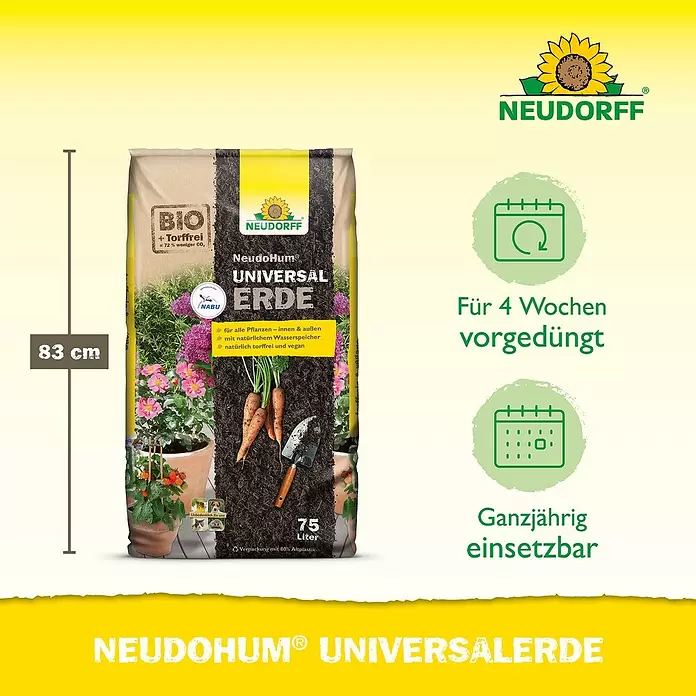 Neudorff NeudoHum Universalerde - Nettovolumen: 75 l, Torffrei - Großer 75-Liter-Beutel Neudorff NeudoHum Universalerde, torffrei und vorgedüngt, mit Pflanzen.
