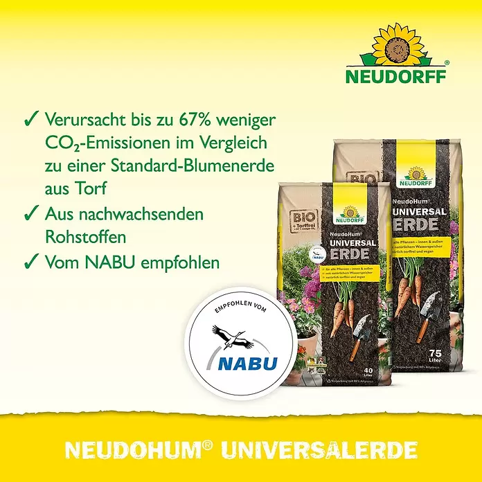 Neudorff NeudoHum Universalerde - Nettovolumen: 40 l, Torffrei - Zwei Beutel NeudoHum Universal Erde, torffrei & vegan, mit Karotten und Schaufel, hervorhebend umweltfreundliche Vorteile & NABU-Empfehlung.