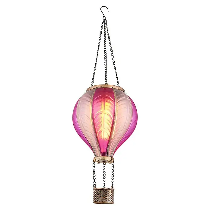 Globo Solar-Hängeleuchte Heißluftballon - Rosa, IP44, Ø x H: 14 x 46,5 cm - Diese dekorative Hängelampe in Form eines Heißluftballons ist mit einem pinkfarbenen und weißen Glas gefertigt und erzeugt ein stimmungsvolles Licht.