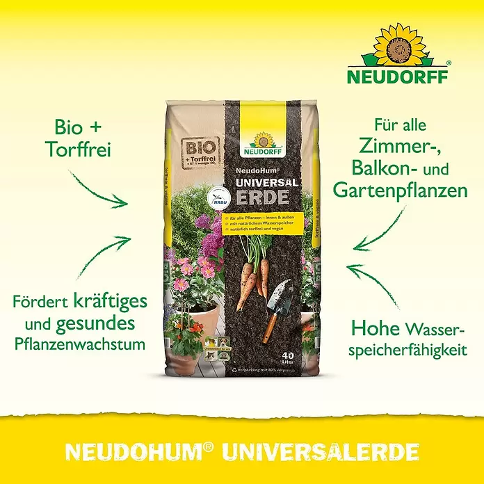 Neudorff NeudoHum Blumenerde - 40 l - Beutel Neudohum Universalerde, bio & torffrei, für alle Pflanzen. Fördert Wachstum, speichert Wasser. 40 Liter.