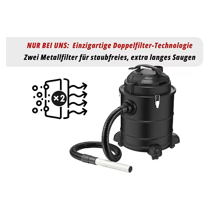 Valo Aschesauger Premium - 1.800 W, 20 l, Blasfunktion - Schwarzer Aschesauger mit Schlauch und Düse, der seine einzigartige Doppelfilter-Technologie für staubfreies, längeres Saugen hervorhebt.