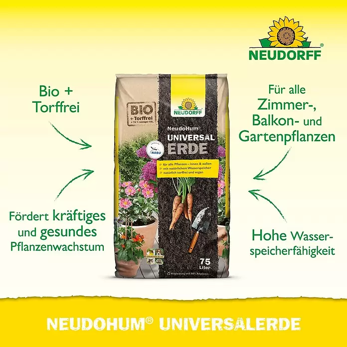 Neudorff NeudoHum Universalerde - Nettovolumen: 75 l, Torffrei - Neudorff NeudoHum Universal-Erde, bio und torffrei, für alle Pflanzen, fördert kräftiges Wachstum und hohe Wasserspeicherfähigkeit. 75 Liter.