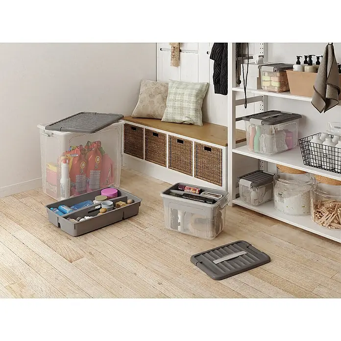 Aufbewahrungsbox W-Box S - L x B x H: 37,5 x 25 x 23 cm, 15 l, Transparent/Grau - Aufbewahrungsboxen und Schubladen aus Kunststoff, die vielseitige Aufbewahrungslösungen in einem hellen Raum bieten.