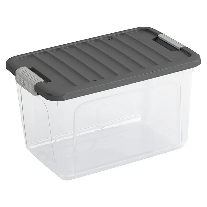 Aufbewahrungsbox W-Box S - L x B x H: 37,5 x 25 x 23 cm, 15 l, Transparent/Grau - Ein durchsichtiger Aufbewahrungsbehälter mit einem grauen Deckel und Schnappverschlüssen, ideal für die Organisation im Haushalt.