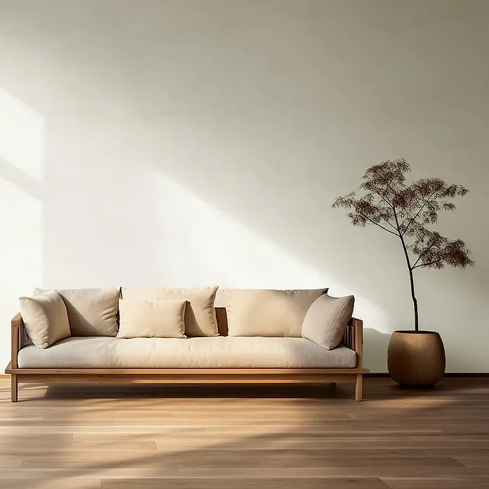 swingcolor Soft Colors Wandfarbe - Oat, Matt, 10 l - Elegantes Sofa mit hellen Kissen und Holzrahmen vor einer schlichten Wand. Eine Zimmerpflanze rundet die wohnliche Atmosphäre ab.
