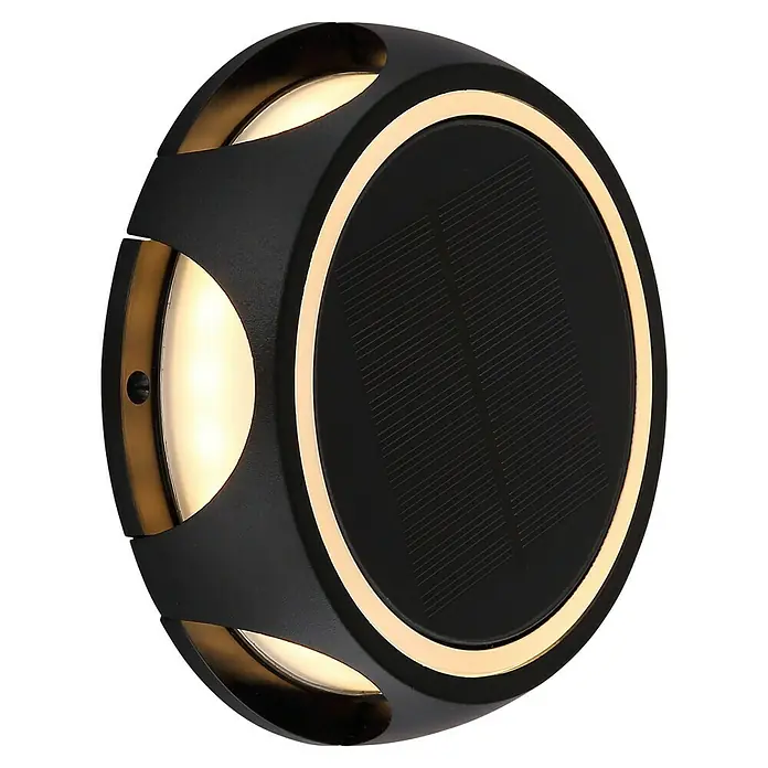 Globo Solar-Außenwandleuchte Wand und Boden - 1,2 W, IP65, 200 lm, Form: Rund - Nahaufnahme einer runden Solarleuchte mit goldenem Rand und drei Lichtaustrittsöffnungen.