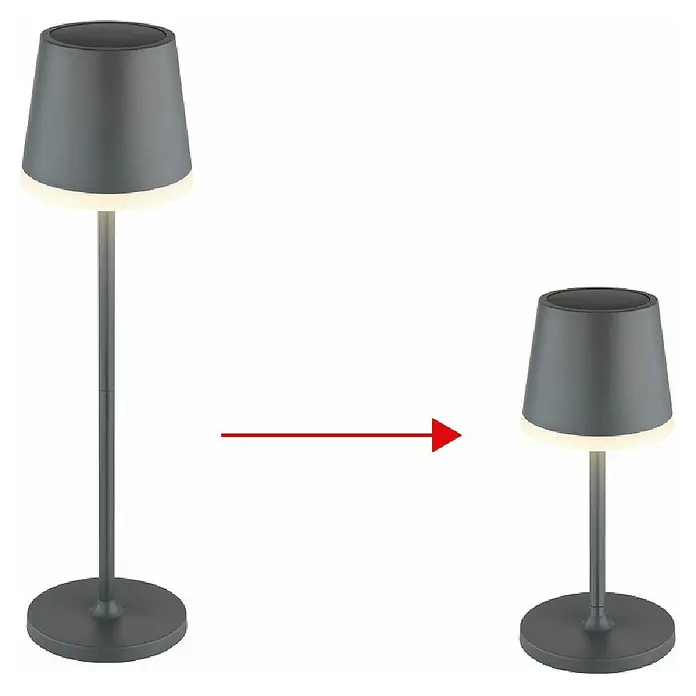 Globo Solar-Tischleuchte - Schwarz, Warmweiß, IP44, Ø x H: 11 x 41 cm - Graue Tischleuchte, die ihre Höhe mit einem roten Pfeil von der linken zur rechten Seite demonstriert.