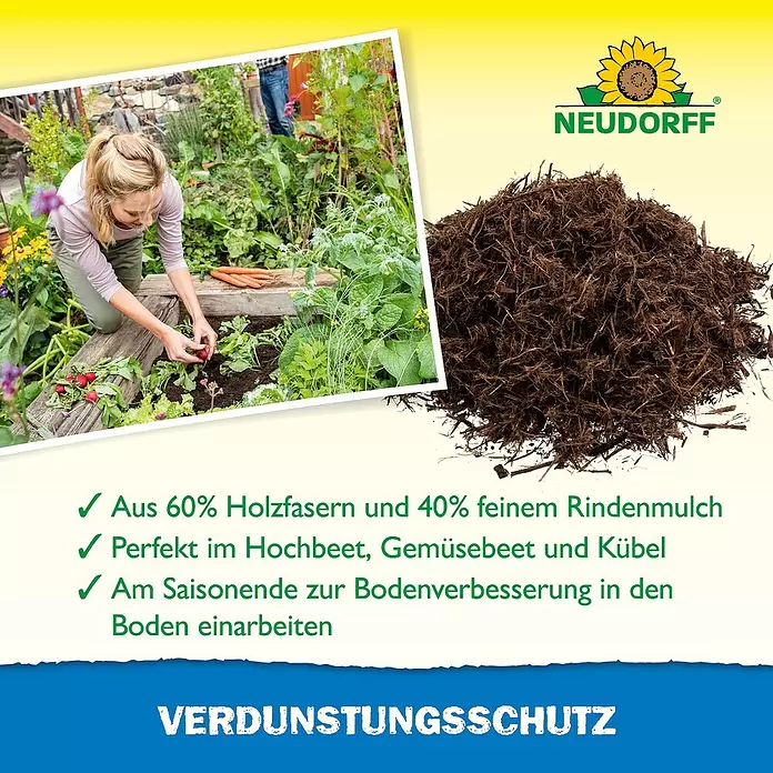 Neudorff Mulch Verdunstungsschutz - 65 l - Brauner Rindenmulch aus Holzfasern, als Haufen und im Garten verwendet. Bietet Verdunstungsschutz.