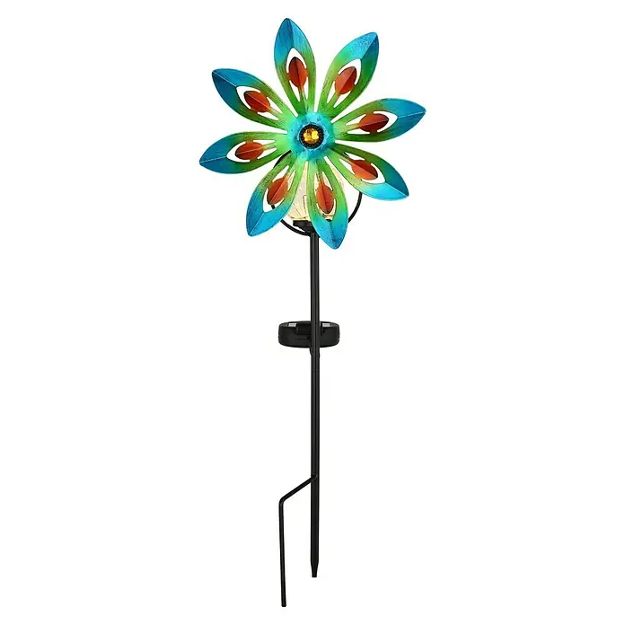 Globo Solar-Erdspieß Windrad - 0,02 W, L x B x H: 200 x 90 x 500 mm, Bunt, IP44 - Detailaufnahme einer dekorativen Solarleuchte in Form einer blau-grünen Blume mit orangefarbenen Akzenten und einem stabilen schwarzen Metallständer.