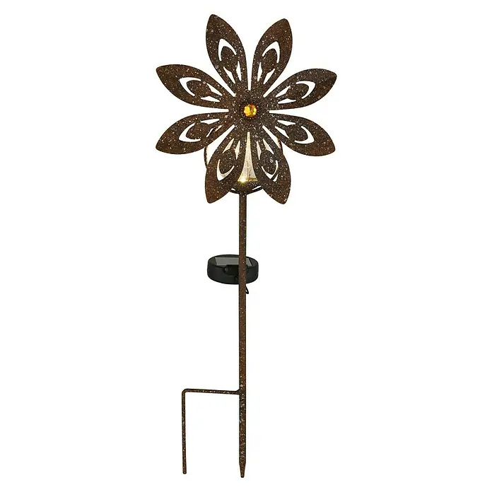 Globo Solar-Erdspieß Windrad - 0,02 W, L x B x H: 200 x 90 x 500 mm, Rost, IP44 - Rostfarbene Solar-Gartenleuchte in Form einer Blume mit Erdspieß. Die Gartenleuchte hat einen gelben Strassstein in der Mitte der Blüte.