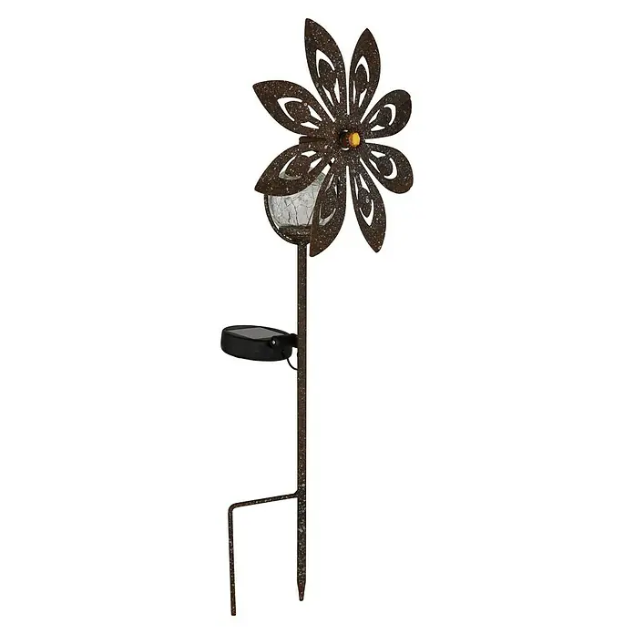 Globo Solar-Erdspieß Windrad - 0,02 W, L x B x H: 200 x 90 x 500 mm, Rost, IP44 - Eine rostfarbene Solarleuchte in Form einer Blume mit einem Solarpanel und einem Erdspieß für den Garten.