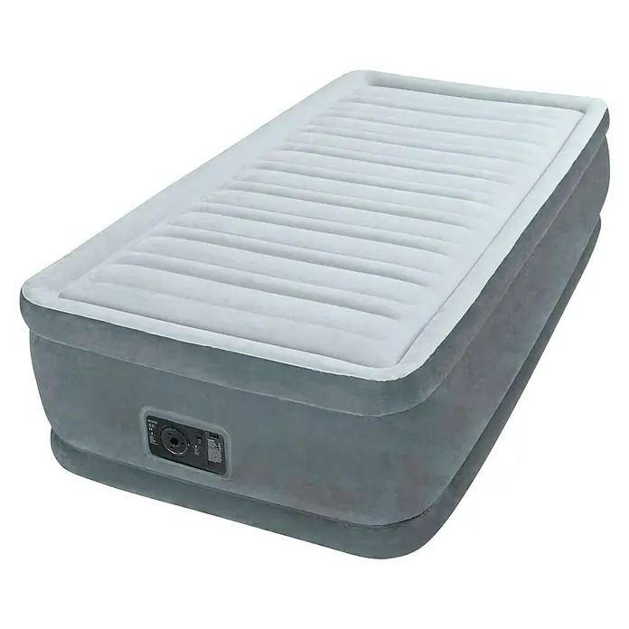 Intex Cama de aire Durabeam Plus - Número de personas máx.: 1, L x An x Al: 191 x 99 x 46 cm, Gris - Primer plano de un colchón de aire Intex gris elevado con una superficie superior suave y acolchada y una bomba integrada.