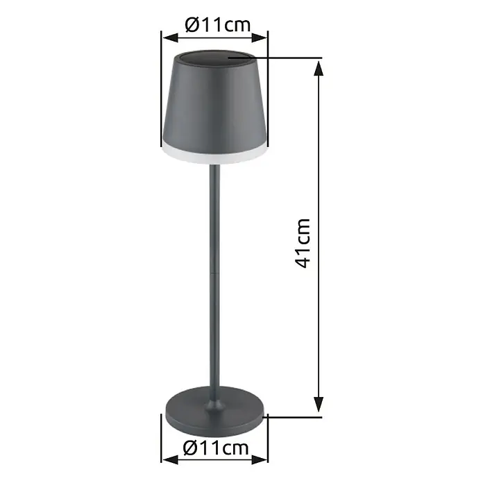 Globo Solar-Tischleuchte - Schwarz, Warmweiß, IP44, Ø x H: 11 x 41 cm - Abbildung einer grauen Tischleuchte mit den Maßen Ø11cm für den Lampenschirm und den Sockel, sowie 41cm Gesamthöhe.