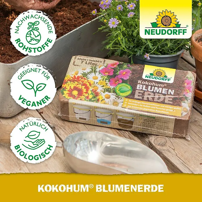Neudorff KokoHum Blumenerde - 7 l - Kokohum Blumenerde von Neudorff: Ideal für kräftiges Wachstum und weniger Gießen. Aus Kokosfasern, vegan und biologisch.