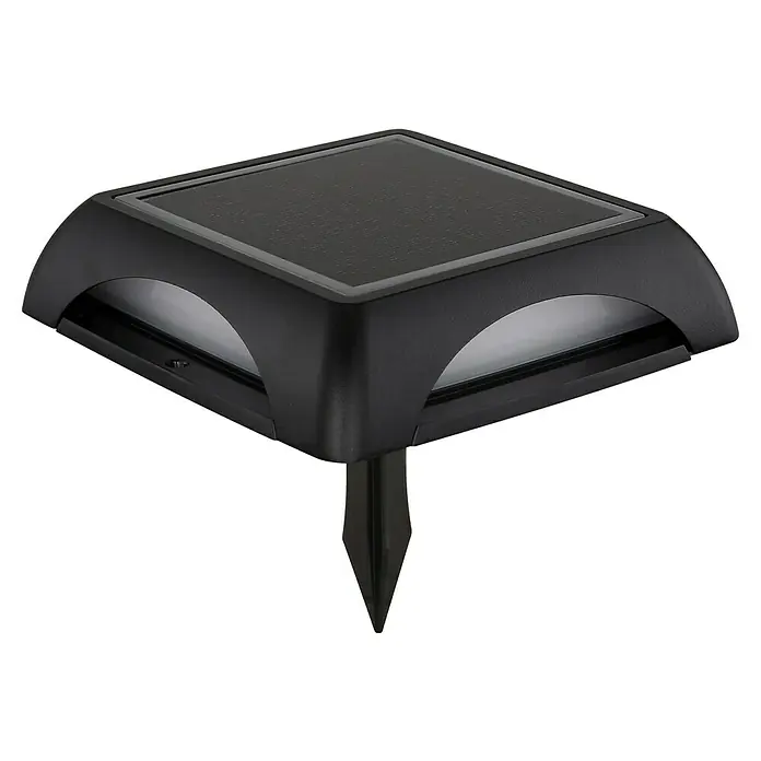 Globo Solar-Außenwandleuchte Wand und Boden - 1,2 W, L x B x H: 14 x 14 x 3,6 cm, IP65, 200 lm, Form: Quadratisch - Ein schwarzer Solar-Gartenstrahler mit Erdspieß. Der Gartenstrahler hat eine quadratische Form und eine integrierte Solarzelle obenauf.