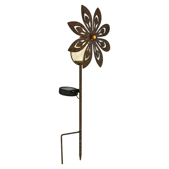 Globo Solar-Erdspieß Windrad - 0,02 W, L x B x H: 200 x 90 x 500 mm, Rost, IP44 - Solar-Gartenstecker in Rostoptik mit Blumenmotiv. Die integrierte LED sorgt für stimmungsvolle Beleuchtung und ist ein dekorativer Blickfang für jeden Garten.