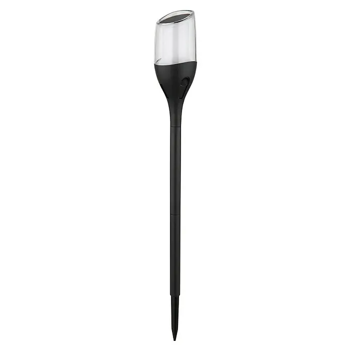 Globo Solar-Erdspieß Fire-Effect - 0,2 W, IP44 - Eine schlanke, schwarze Solar-Gartenleuchte mit einem klaren Lampenschirm, ideal für die Beleuchtung von Wegen und Gärten.