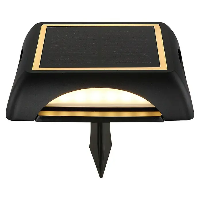 Globo Solar-Außenwandleuchte Wand und Boden - 1,2 W, L x B x H: 14 x 14 x 3,6 cm, IP65, 200 lm, Form: Quadratisch - Nahaufnahme einer schwarzen Solar-Gartenleuchte mit goldenen Akzenten und Erdspieß. Ideal für die Beleuchtung von Wegen und Gärten.