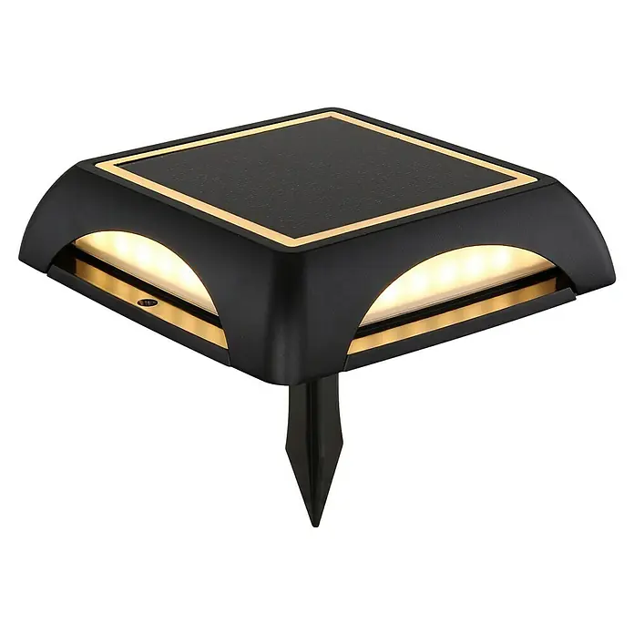 Globo Solar-Außenwandleuchte Wand und Boden - 1,2 W, L x B x H: 14 x 14 x 3,6 cm, IP65, 200 lm, Form: Quadratisch - Bild einer schwarzen quadratischen Solarleuchte mit Goldrand und Erdspieß, die warmes Licht ausstrahlt.