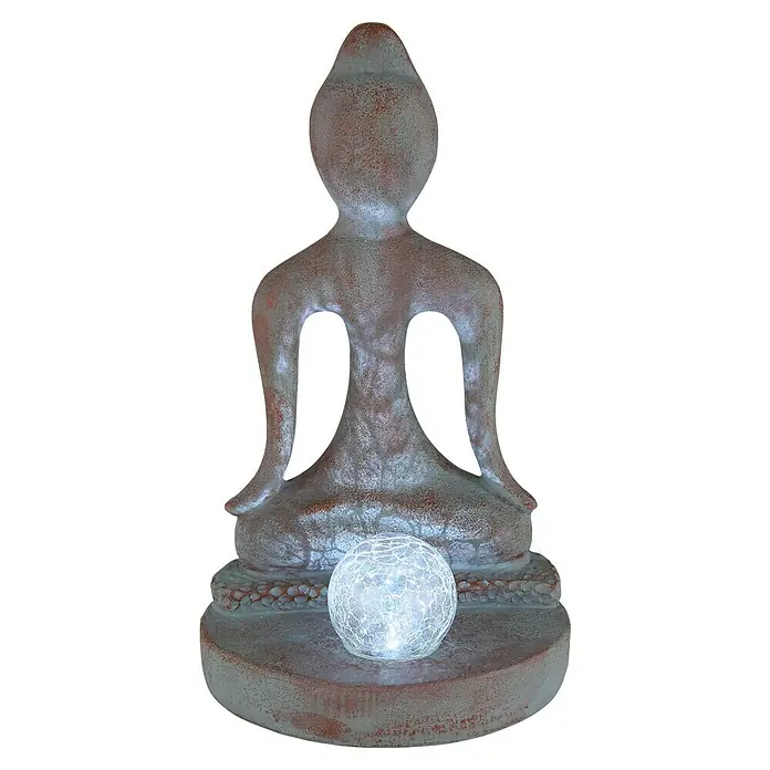 Globo Solar-Dekoleuchte Buddha mit Kugel - 0,06 W, L x B x H: 175 x 150 x 300 mm, IP44 - Dekorative Buddhafigur aus Kunststein mit einer leuchtenden Glaskugel, die eine entspannende Atmosphäre schafft.\n