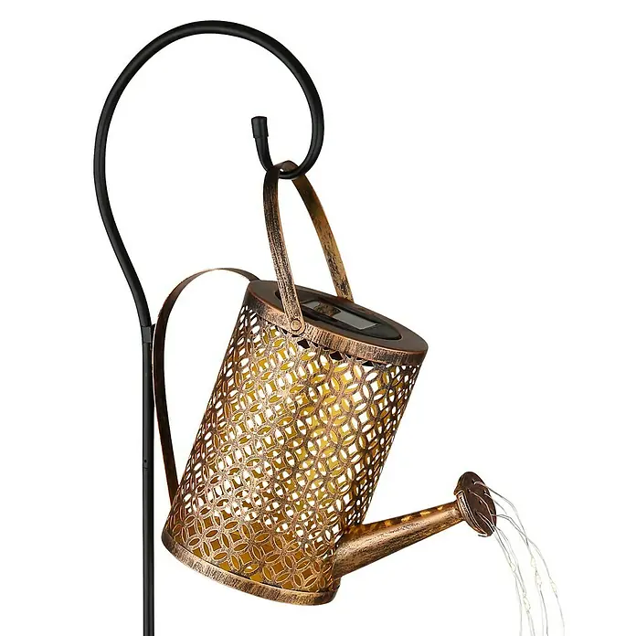 Globo Solar-Dekoleuchte Gießkanne - 0,06 W, IP44 - Dekorative, bronzefarbene Gießkanne mit Solarbeleuchtung an einem Haken, die einen Wasserfall aus Lichtern erzeugt, ideal für den Garten.