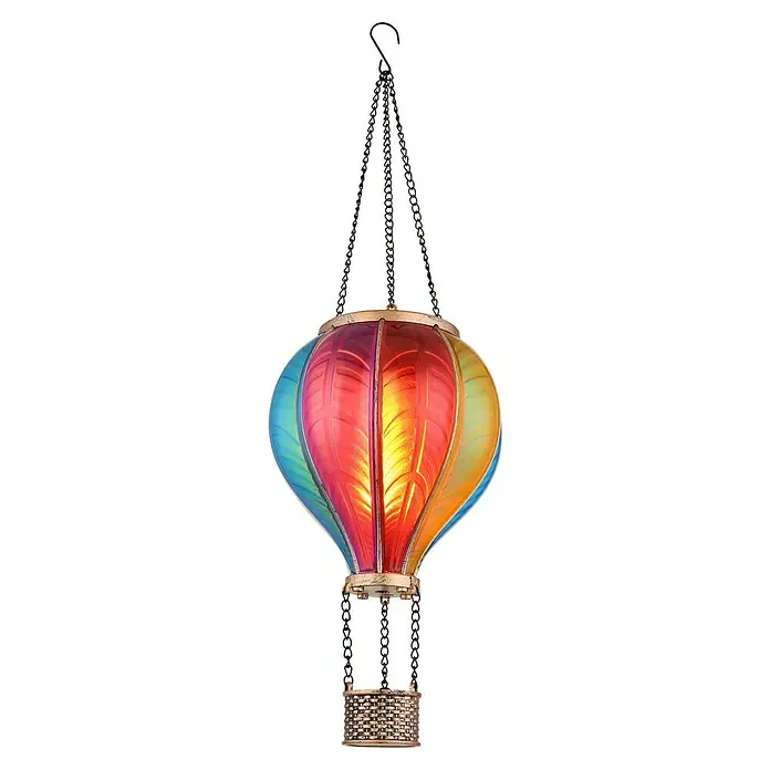 Globo Solar-Hängeleuchte Heißluftballon - Bunt, IP44, Ø x H: 14 x 46,5 cm - Bunte Lampe in Heißluftballonform. Ein dekoratives und stimmungsvolles Beleuchtungselement. Mit Korb und Aufhängekette versehen.