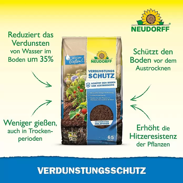 Neudorff Mulch Verdunstungsschutz - 65 l - Neudorff Verdunstungsschutz-Erde in einer Tüte, mit natürlichen Holzfasern, reduziert Wasserverlust und schützt Pflanzen.