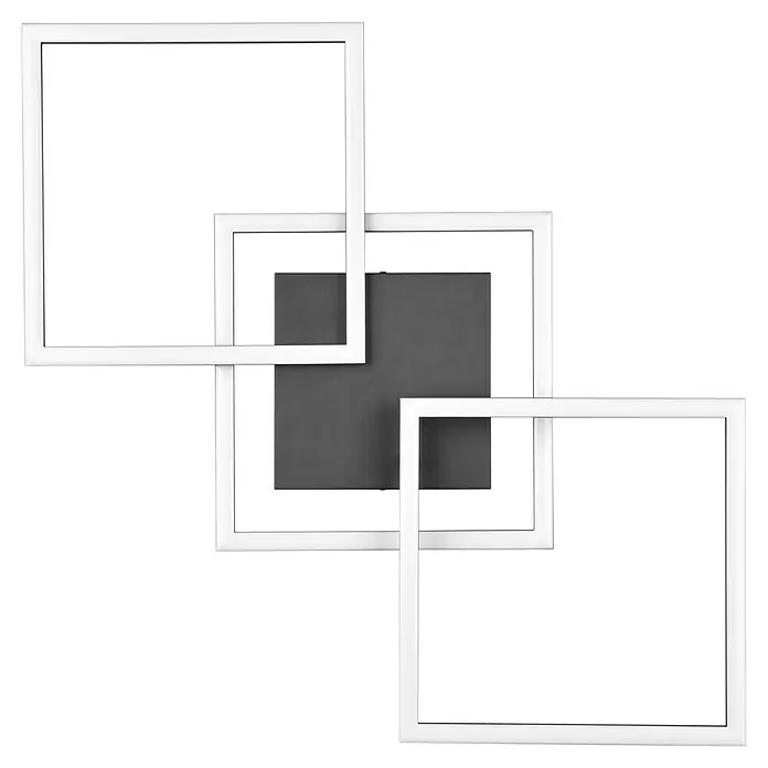 Trio Leuchten LED-Deckenleuchte Trail - 31 W, L x B x H: 74 x 35 x 7 cm, Schwarz, Warmweiß - Modernes Deckenleuchten-Design mit drei weißen Quadraten, die sich überlappen und ein zentrales graues Quadrat umrahmen. Die Leuchte sorgt für stilvolle Beleuchtung.