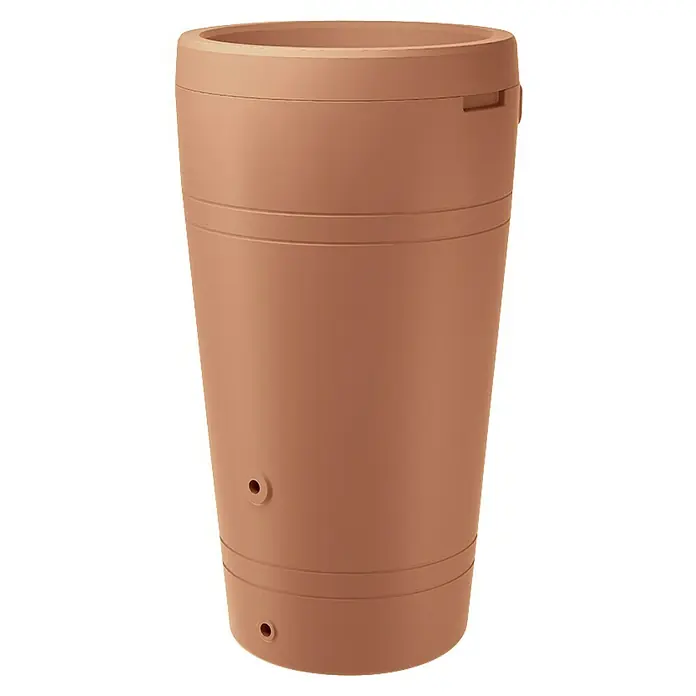 Regenspeicher Tube - 230 l, Terrakotta - Nahaufnahme eines beigen Regenfasses mit Zierleisten und Ablauflöchern für den Garten, ideal für die Regenwassernutzung.