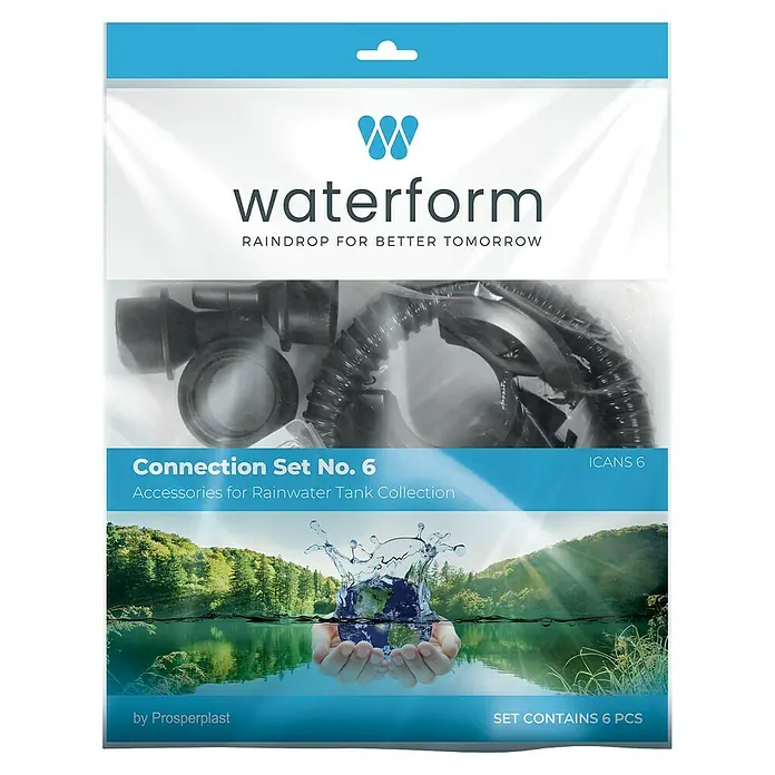 Regentonnen-Verbindungs-Set mit Schlauch - 6 -tlg., Regentonnen Maze, Tube, Aquacan, Smooth, Peruno, Aqua Tower & Tower Stone - Verpackung des Waterform Anschluss-Sets Nr. 6 für Regenwassertanks. Das Set enthält Zubehör für die Regenwassernutzung.