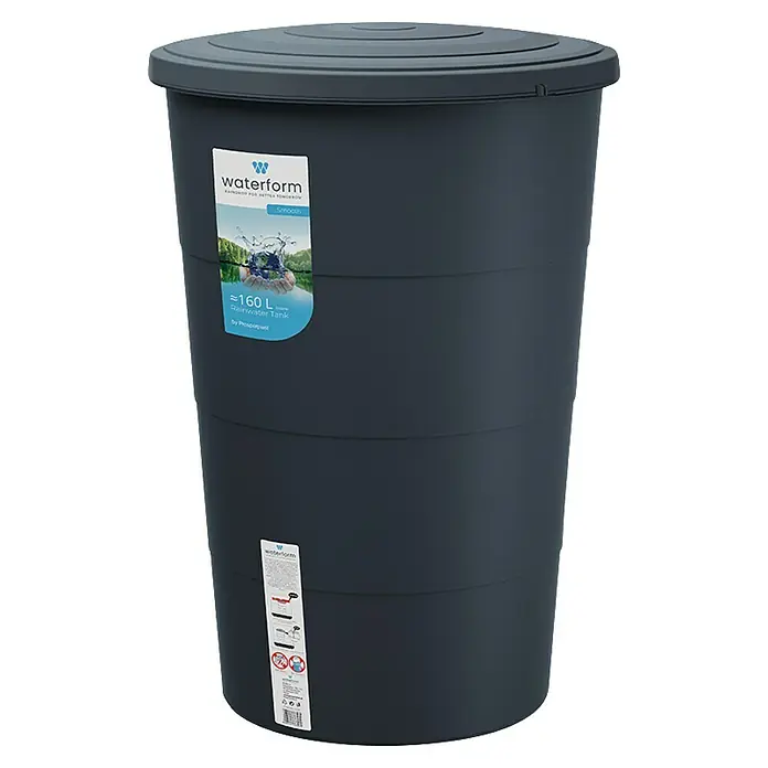 Regentonne Smooth - 160 l, Anthrazit - Ein grauer Waterform Regenspeicher mit einem Fassungsvermögen von ca. 160 Litern, ideal für die Gartenbewässerung und umweltfreundliche Wassernutzung.