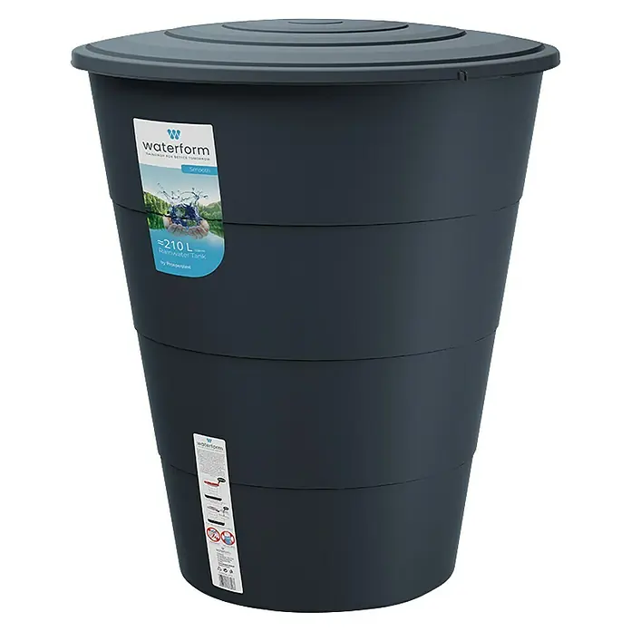 Regentonne Smooth - 210 l, Anthrazit - Dunkelgrauer Waterform Regenwassertank mit Deckel, ideal zum Sammeln von Regenwasser im Garten. Robustes Design für den Außenbereich.