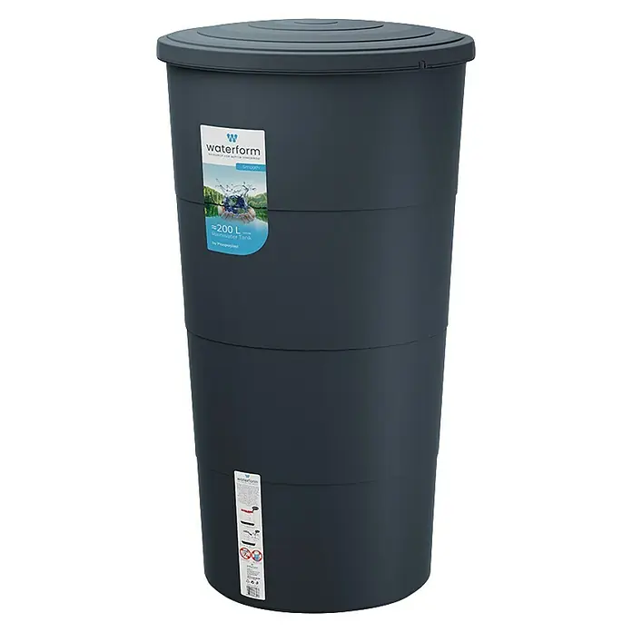 Regentonne Smooth - 200 l, Anthrazit - Abbildung eines grauen Waterform-Regenwassertanks mit einem Fassungsvermögen von ca. 200 Litern, ideal für die Gartenbewässerung und umweltfreundliche Wassernutzung.