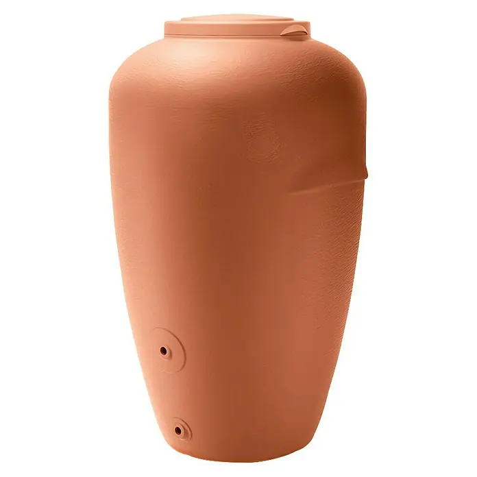 Regenspeicher Aquacan - 440 l, Terrakotta - Nahaufnahme einer Regentonne aus Terrakotta, die für die Sammlung von Regenwasser im Garten konzipiert ist und Nachhaltigkeit fördert.