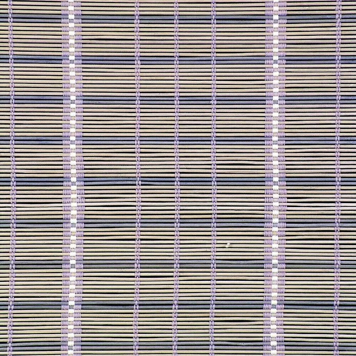 Estor enrollable Safari - An x Al: 120 x 175 cm, Lila - Primer plano de un estor enrollable de bambú, con acentos decorativos púrpuras y costuras verticales blancas, mostrando textura natural.