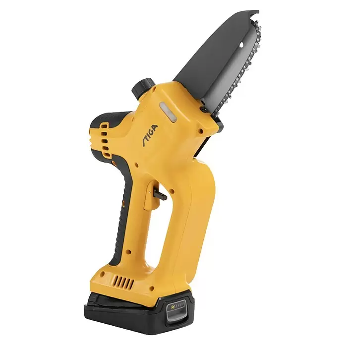Stiga Akku-Astsäge PR 100e Kit - 20 V, 2 Ah, 1 Akku, Schwertlänge: 12,7 cm - Gelbe und schwarze Stiga Akku-Mini-Kettensäge mit Akku, ergonomischem Griff und Kettenschutz.